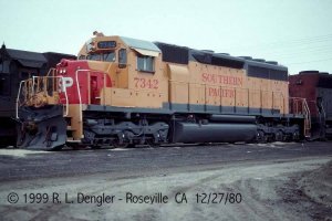 (C) 1980 Bob Dengler - left hand side three quarter roster shot of #7342 in Yellowbird paint at Roseville, CA.