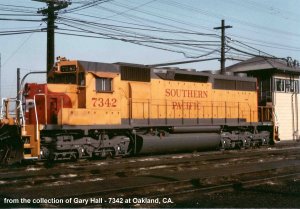 left hand side three quarter roster shot of #7342 in Yellowbird paint at Oakland, CA. from the collection of Gary Hall